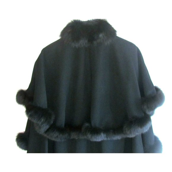 Designer Bloomingdales Black Wool & Fox Fur Trim Snap Front Cape Coat M/L - Picture 10 of 14